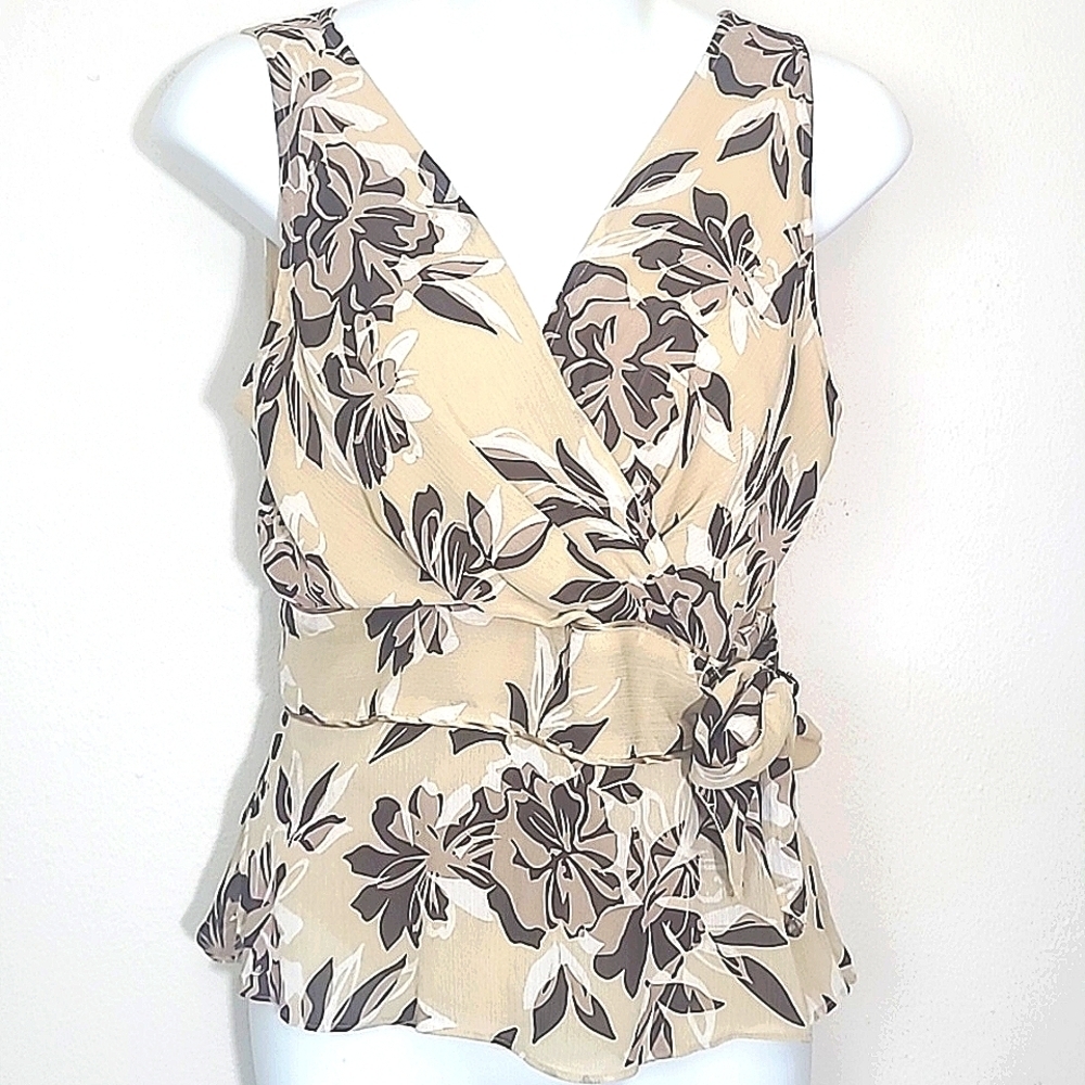 Covington tank top sleeveless blouse tie zipper tan brown floral print lined